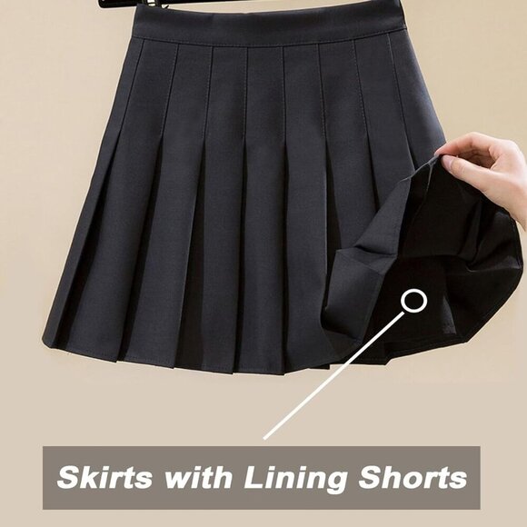 Black High-Waisted Pleated Tennis Skirt with Shorts for Women, Above Knee, A-Lin - Picture 4 of 5